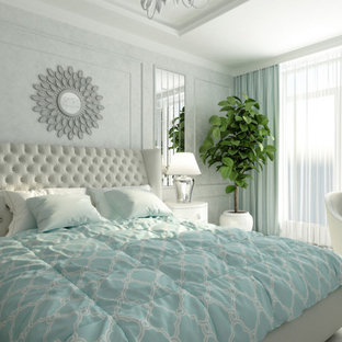 Foto de dormitorio principal y panelado, tradicional renovado, grande, panelado, sin chimenea, con paredes multicolor, suelo laminado, suelo blanco y panelado