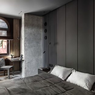 Modelo de dormitorio principal, contemporáneo, grande, con paredes grises y suelo gris
