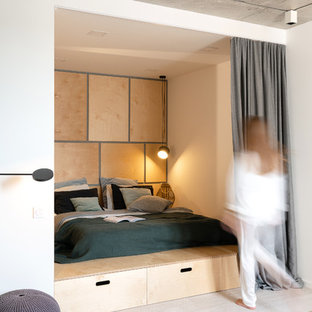 Nordisches Hauptschlafzimmer mit Sperrholzboden, beigem Boden und weißer Wandfarbe in Sonstige