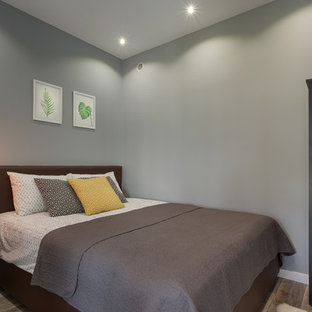 Modelo de dormitorio principal, industrial, pequeño, con paredes grises, suelo laminado y suelo marrón