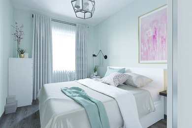 他の地域にある小さなコンテンポラリースタイルのおしゃれな主寝室 (緑の壁、磁器タイルの床、グレーの床) のレイアウト