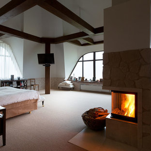 Ejemplo de dormitorio principal, nórdico, grande, con paredes multicolor, tatami, chimenea de esquina, marco de chimenea de piedra y suelo beige