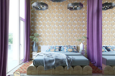 ベルリンにある小さなコンテンポラリースタイルのおしゃれな主寝室 (白い壁、淡色無垢フローリング、暖炉なし) のレイアウト