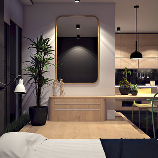 Ejemplo de dormitorio principal, contemporáneo, con paredes grises y suelo de contrachapado