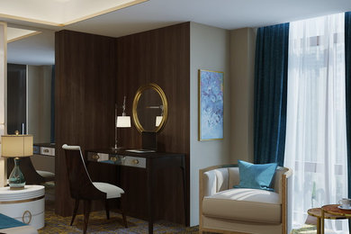На фото: гостевая спальня среднего размера, (комната для гостей) в современном стиле с бежевыми стенами и ковровым покрытием без камина с