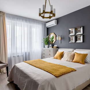 Foto di una piccola camera matrimoniale tradizionale con pareti grigie, pavimento beige e pavimento in laminato