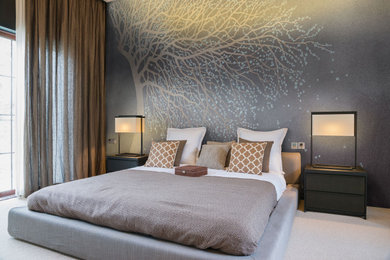 Пример оригинального дизайна: большая гостевая спальня (комната для гостей) в современном стиле с ковровым покрытием, бежевым полом и серыми стенами