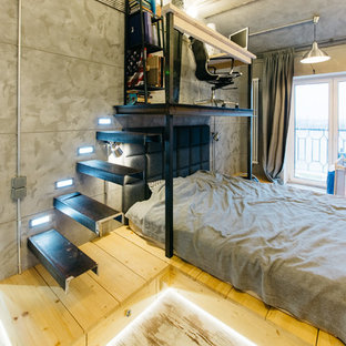 Modelo de dormitorio principal, industrial, con paredes grises