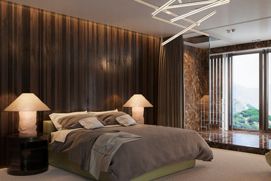 Стильный дизайн: большая хозяйская спальня в современном стиле с коричневыми стенами, ковровым покрытием и бежевым полом - последний тренд