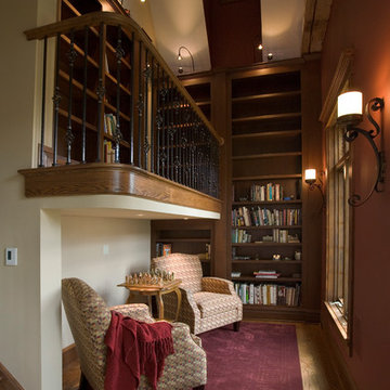 2-story reading nook with reclaimed barn beam ceiling details