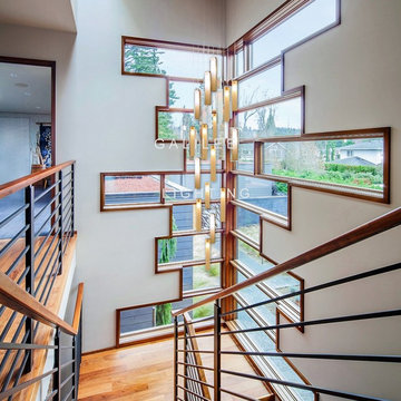3 STORY STAIRCASE MODERN CHANDELIER, CONTEMPORARY FOYER