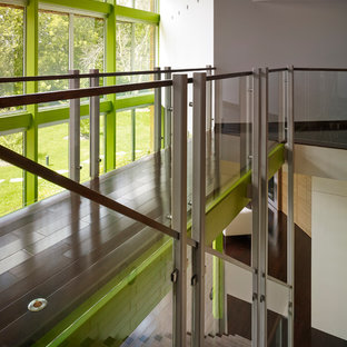 Staircase - large contemporary wooden straight metal railing staircase idea in Chicago