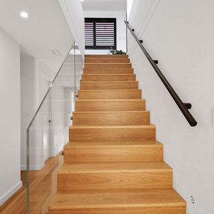 Foto di una grande scala a rampa dritta contemporanea con pedata in legno, alzata in vetro e parapetto in metallo