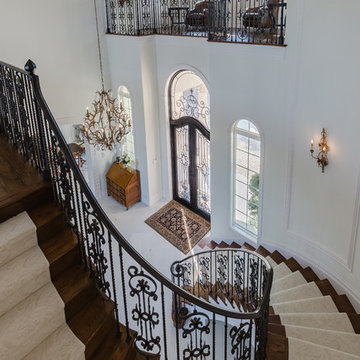 Amish Built Stair Product With Custom Wrought Iron Balustrade, Scroll Appliques