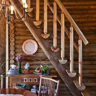 Diseño de escalera recta, rural, sin contrahuella, con escalones de madera