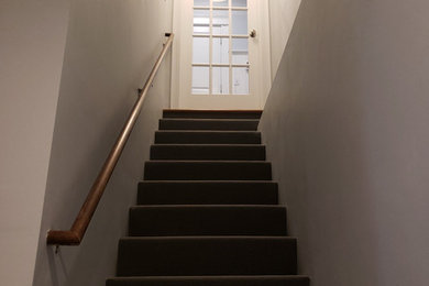 ボストンにあるお手頃価格の中くらいなトランジショナルスタイルのおしゃれな直階段 (カーペット張りの蹴込み板、木材の手すり) の写真