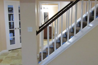 Imagen de escalera recta de estilo americano de tamaño medio con escalones enmoquetados y contrahuellas enmoquetadas