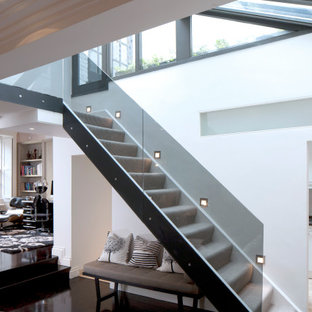 This is an example of a medium sized contemporary carpeted straight glass railing staircase in London with carpeted risers.