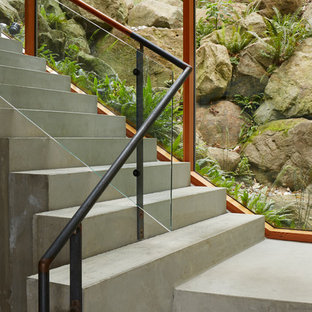 Diseño de escalera exterior, contemporánea, con escalones de hormigón, contrahuellas de hormigón y barandilla de vidrio