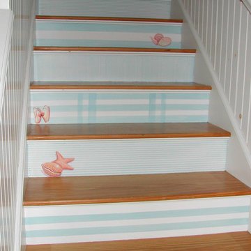 Beach Cottage "Seashells on stairs with blue glaze stripes"