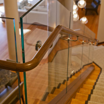 L-shape Staircase with Wood Handrails and Glass Panel Railing