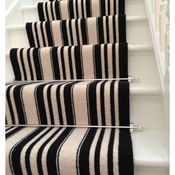 Black and white striped stair carpet runner