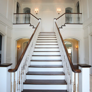Staircase - mid-sized traditional wooden straight wood railing staircase idea in Dallas with painted risers