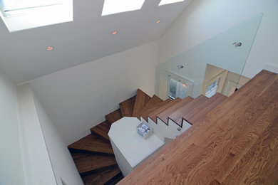 Staircase - large contemporary wooden curved staircase idea in San Francisco with wooden risers