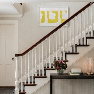 Mid-sized transitional carpeted straight wood railing staircase photo in Boston with carpeted risers