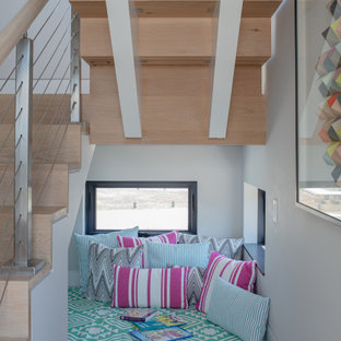 Example of a huge trendy wooden l-shaped wood railing staircase design in Boston with wooden risers