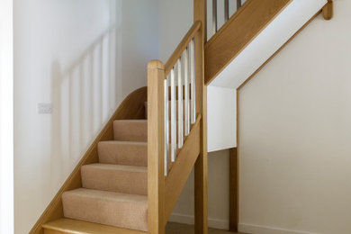 Идея дизайна: угловая лестница среднего размера в современном стиле с ступенями с ковровым покрытием, ковровыми подступенками и перилами из смешанных материалов