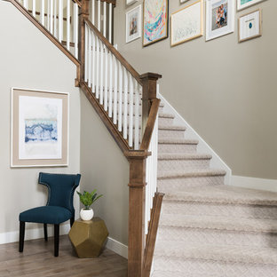 Maritime Treppe mit Teppich-Treppenstufen, Teppich-Setzstufen und Holzgeländer in Denver