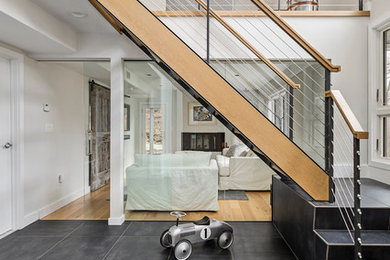 Staircase - mid-sized contemporary wooden l-shaped cable railing and open staircase idea in New York