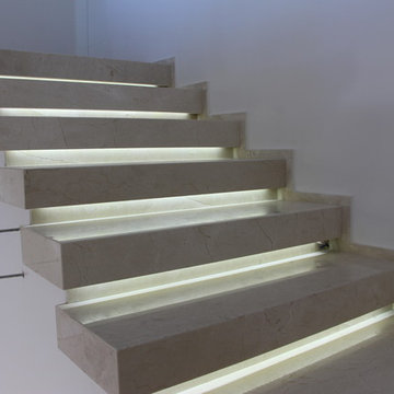 Crema Marfil Marble Staircase Architecture With LED Light