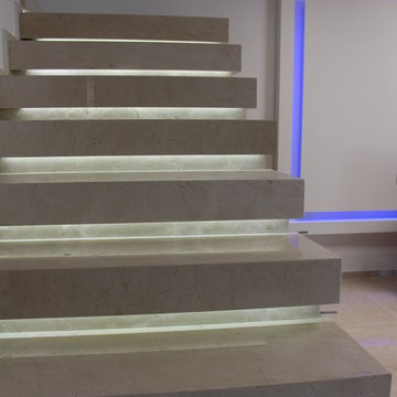Crema Marfil Marble Staircase Architecture With LED Light