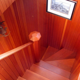 Esempio di un'ampia scala a chiocciola minimalista con pedata in legno e alzata in legno