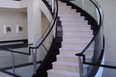 Inspiration for a mid-sized modern wooden curved staircase remodel in Other with wooden risers