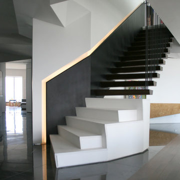 Custom Cantilever Staircase w/ Custom Design Railing & Curtain Wall