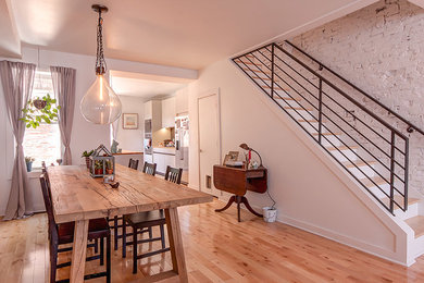 Staircase - small industrial wooden straight staircase idea in Philadelphia with wooden risers