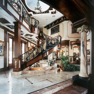 Eclectic Mediterranean Victorian Interior Design Foyer w Stairway