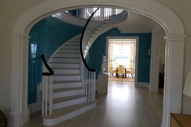 Large elegant wooden curved wood railing staircase photo in New York with painted risers