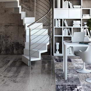 Imagen de escalera curva, actual, pequeña, con escalones de madera pintada y contrahuellas de madera pintada