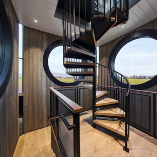 Große Moderne Treppe mit offenen Setzstufen, Stahlgeländer und Holzwänden in San Francisco