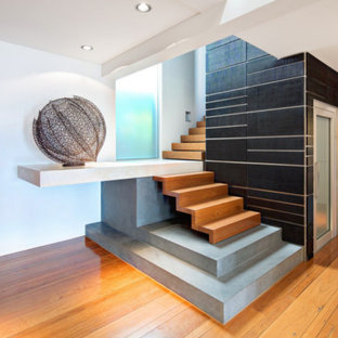 Large contemporary wood l-shaped staircase in Sydney with wood risers.