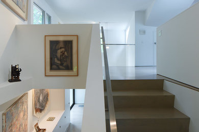 Foto de escalera en U moderna de tamaño medio con escalones de madera y contrahuellas de madera