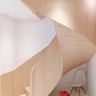 Medium sized contemporary wood spiral wood railing staircase in London with wood risers.