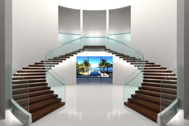 Ejemplo de escalera en U moderna de tamaño medio sin contrahuella con escalones de madera y barandilla de vidrio