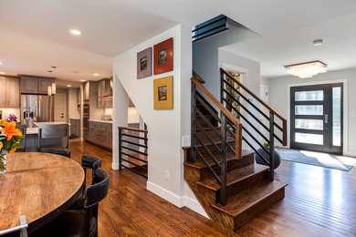 Example of a mid-sized trendy wooden straight staircase design in Denver with wooden risers