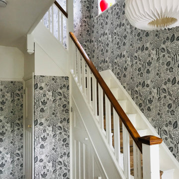 Hall and Stairs with feature wall paper in 1930s house