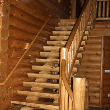 Heavy Timber Curved Stairs with Rustic Railing